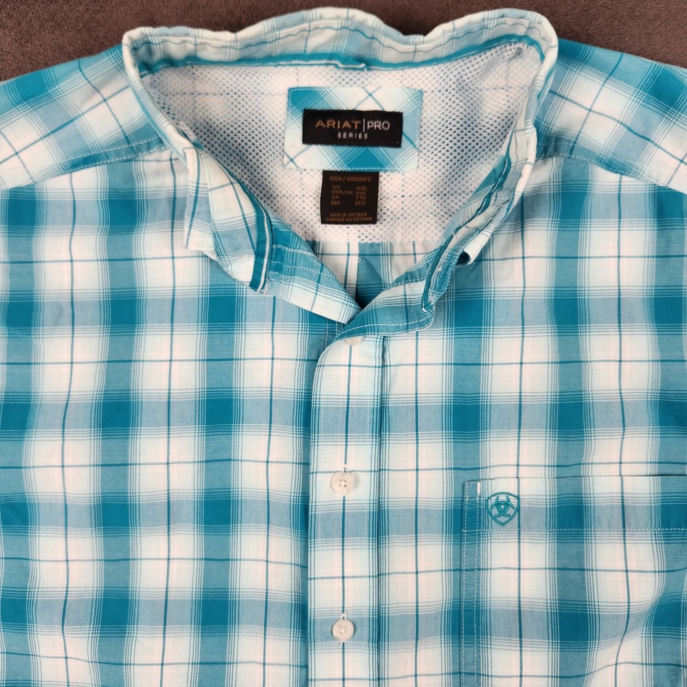 Ariat Pro Khari Shirt Mens XXL Blue White Plaid Short Sleeve Button Down